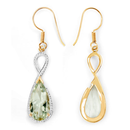 Green Amethyst Dangle Earrings 10 Carats 14K Yellow Gold Plated Silver