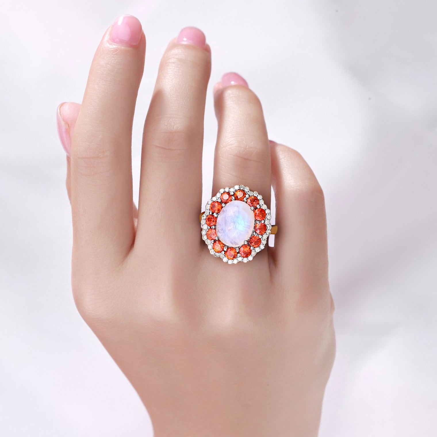 Moonstone Ring With Spessartite Garnet 6.32 Carats Sterling Silver