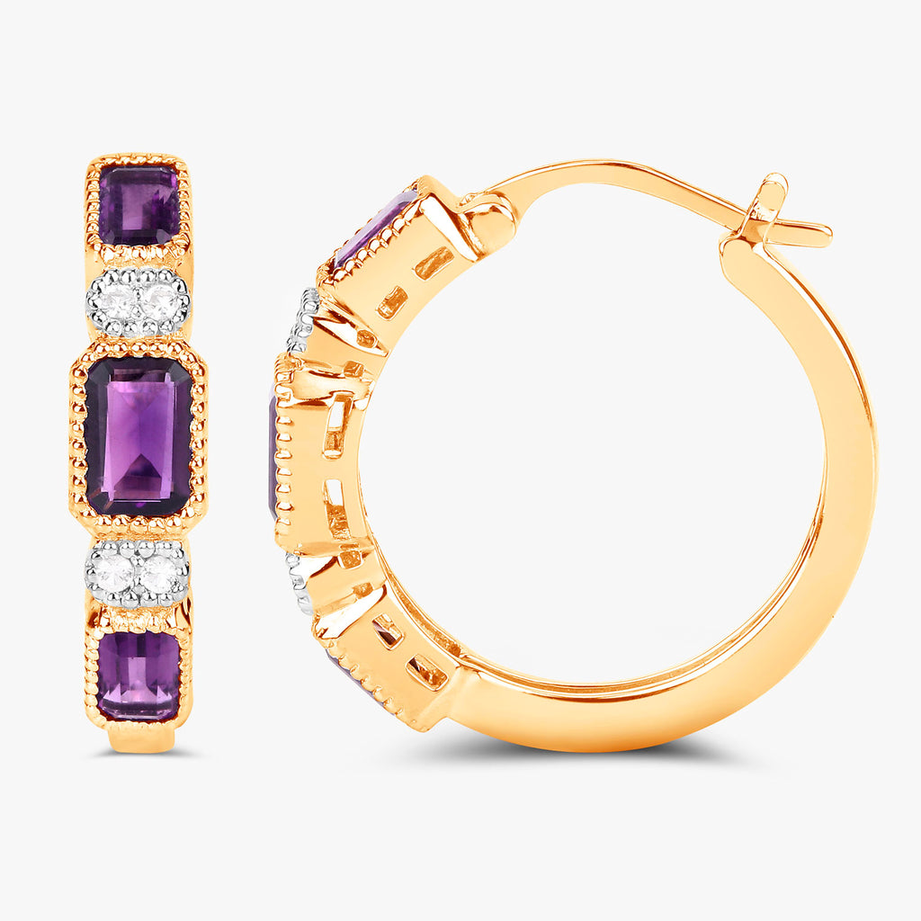 Amethyst Hoop Earrings With White Topaz 2.12 Carats Gold Plated Silver