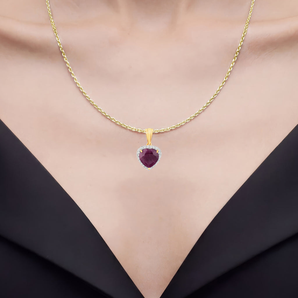 Ruby Heart Pendant With White Topaz 7.08 Carats Gold Plated Silver