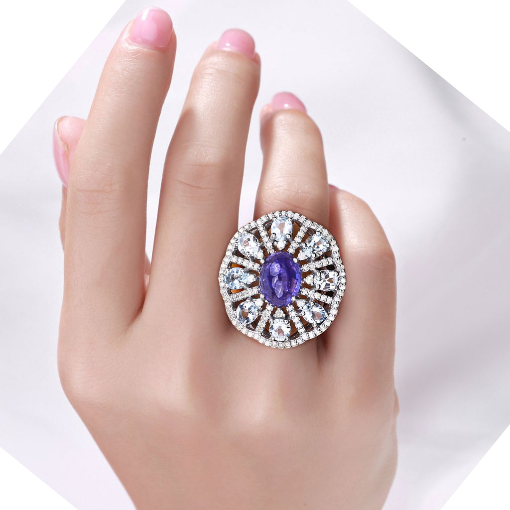 Tanzanite Ring With Aquamarine and Diamonds 7.34 Carats Sterling Silver