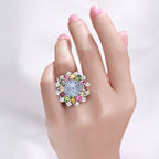 Aquamarine Ring With Multicolor Tourmaline 8.96 Carats Sterling Silver