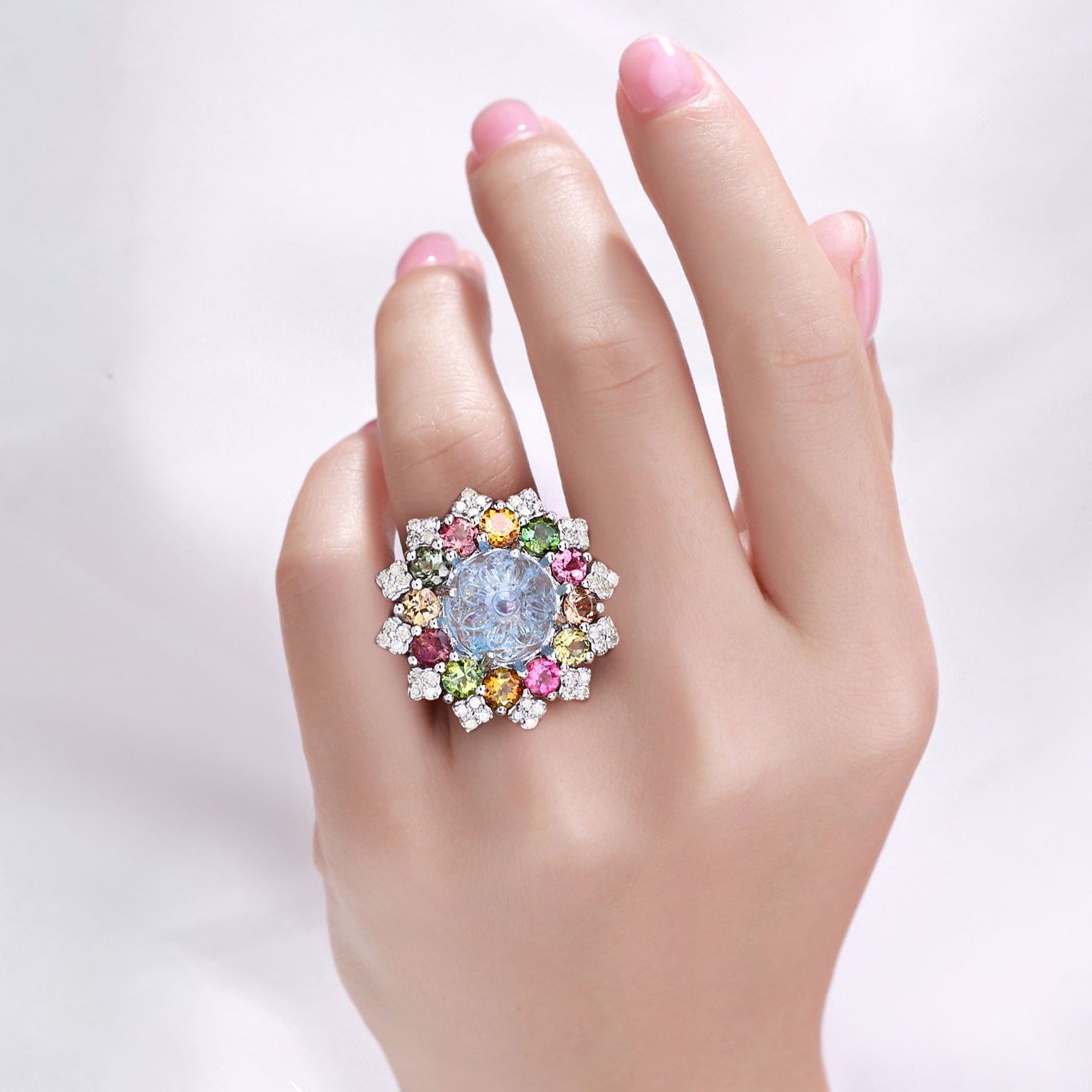 Aquamarine Ring With Multicolor Tourmaline 8.96 Carats Sterling Silver