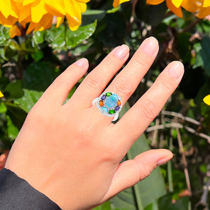 Natural Opal White & Blue Topaz Chrome Diopside Citrine 3.70 Carat Cocktail Ring