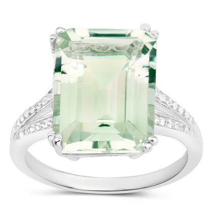 Green Amethyst Ring With White Topaz 10.6 Carats Sterling Silver
