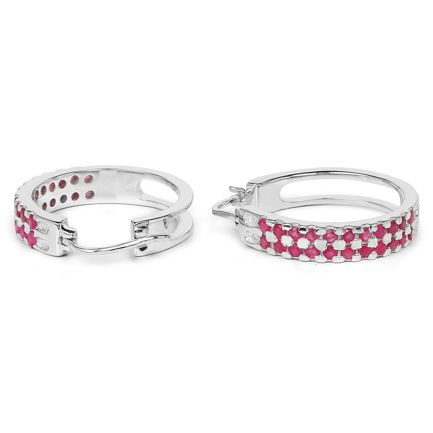 Ruby Cluster Hoop Earrings 1.9 Carats Rhodium Plated Silver