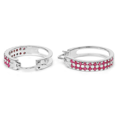 Ruby Cluster Hoop Earrings 1.9 Carats Rhodium Plated Silver