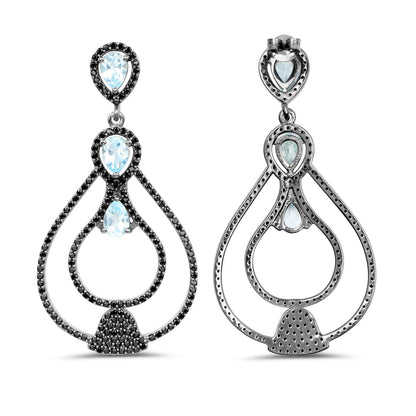 Blue Topaz Earrings With Black Spinel 8.78 Carats Sterling Silver
