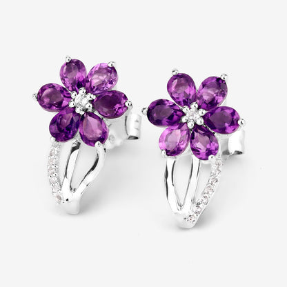 Amethyst Flower Earrings With White Topaz 1.86 Carats Sterling Silver