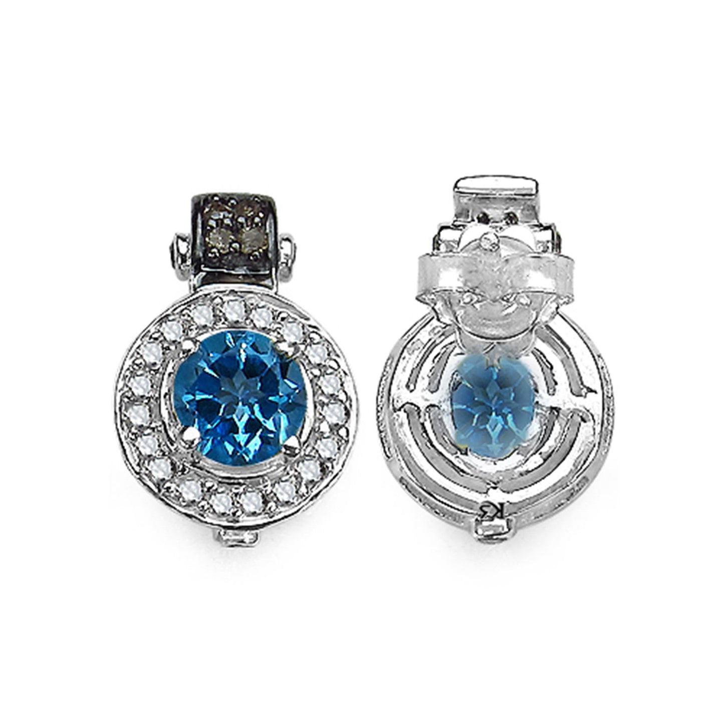 Swiss Blue Topaz Earrings With Diamonds 1.44 Carats Sterling Silver