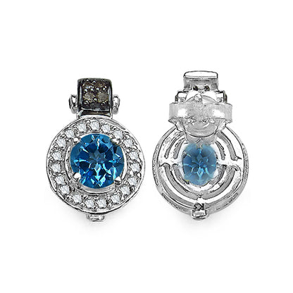 Swiss Blue Topaz Earrings With Diamonds 1.44 Carats Sterling Silver