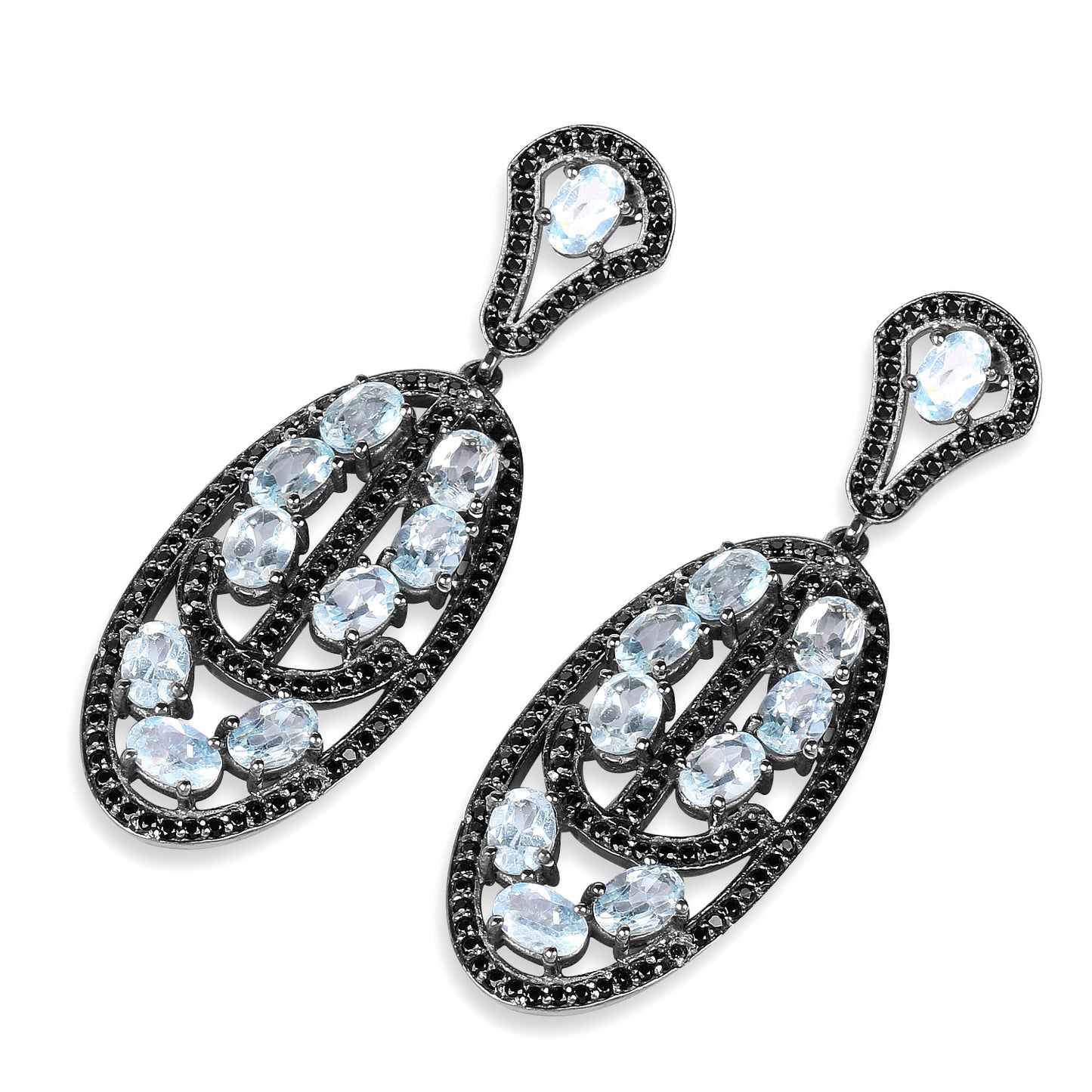 Blue Topaz Dangle Earrings With Black Spinels 13.9 Carats Rhodium Plated Silver