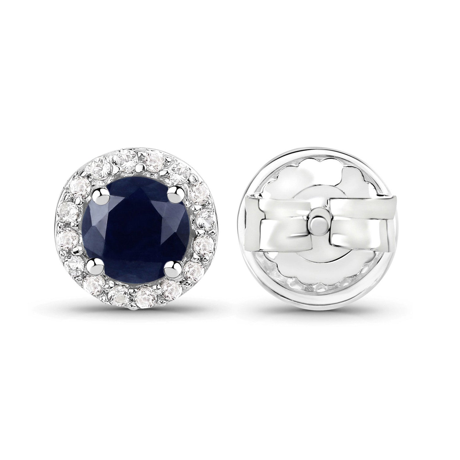Blue Sapphire Stud Earrings With White Topaz 1.42 Carats Sterling Silver