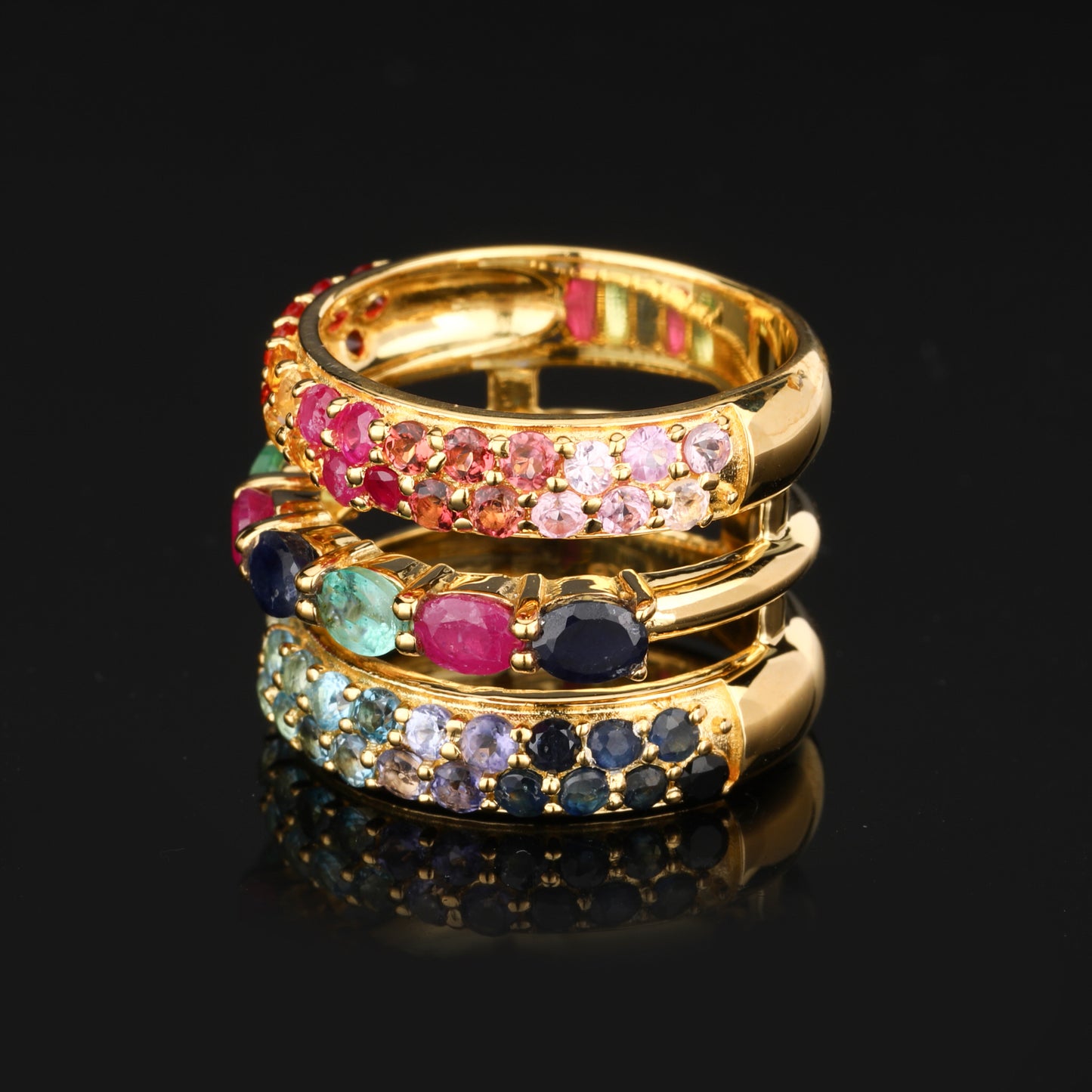 Natural Mixed Gemstones Ring 3.23 Carats Gold Plated Silver