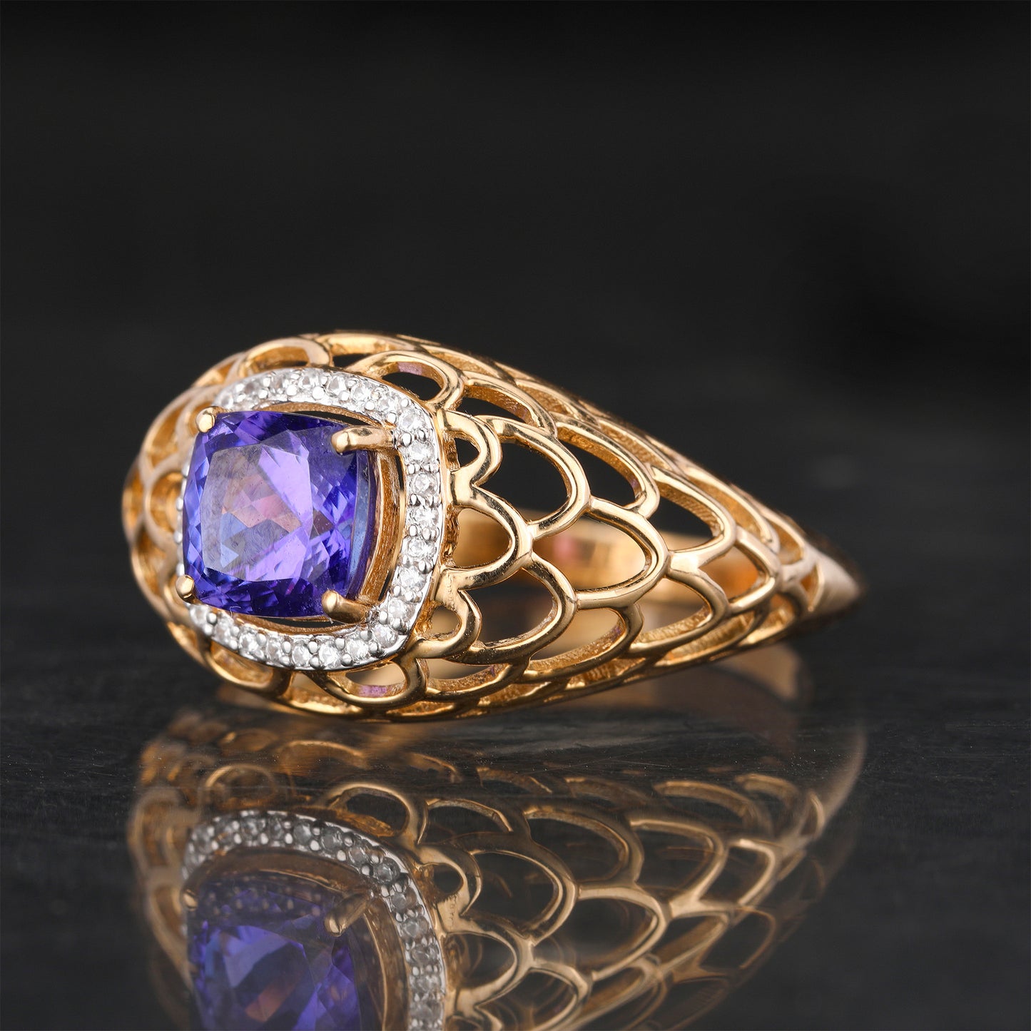 Natural Tanzanite Ring With White Zircon 1.09 Carats 9K Yellow Gold