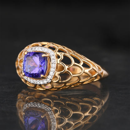 Natural Tanzanite Ring With White Zircon 1.09 Carats 9K Yellow Gold