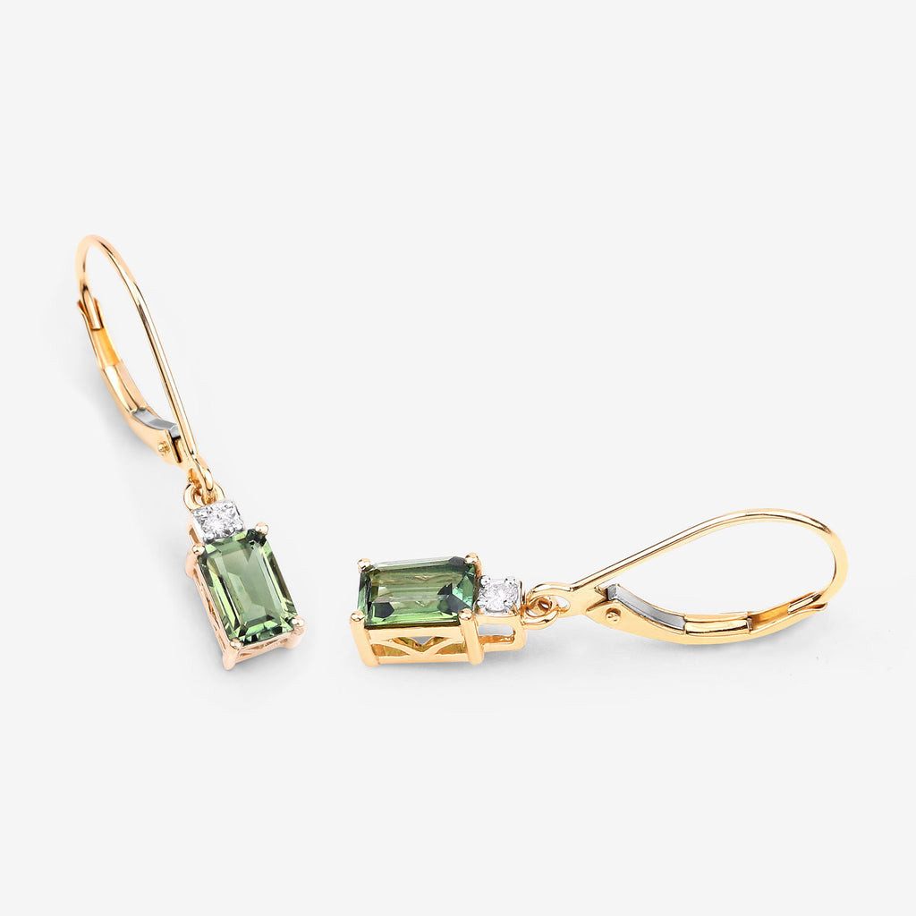 Green Tourmaline Earrings With Diamonds 1.24 Carats 14K Yellow Gold