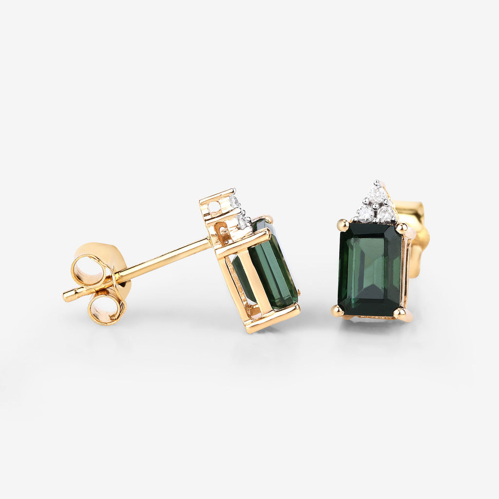 Green Tourmaline Stud Earrings With Diamonds 1.22 Carats 14K Yellow Gold