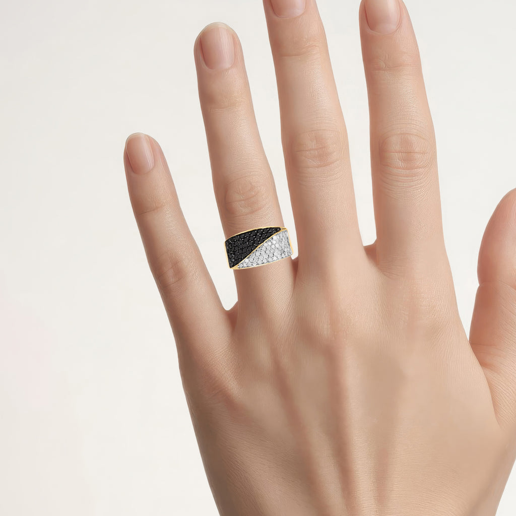Black Diamond Ring With White Diamonds 1.16 Carats Gold Plated Silver