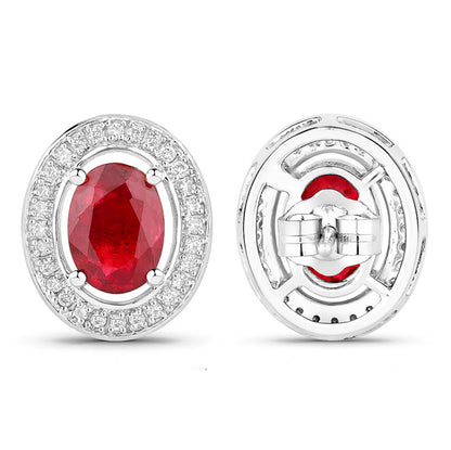 Ruby Stud Earrings Halo Diamonds 2.1 Carats 14K White Gold