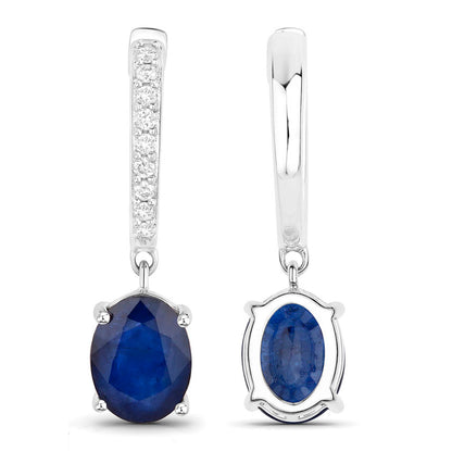 Blue Sapphire Dangle Earrings Diamonds 3.2 Carats 14K White Gold