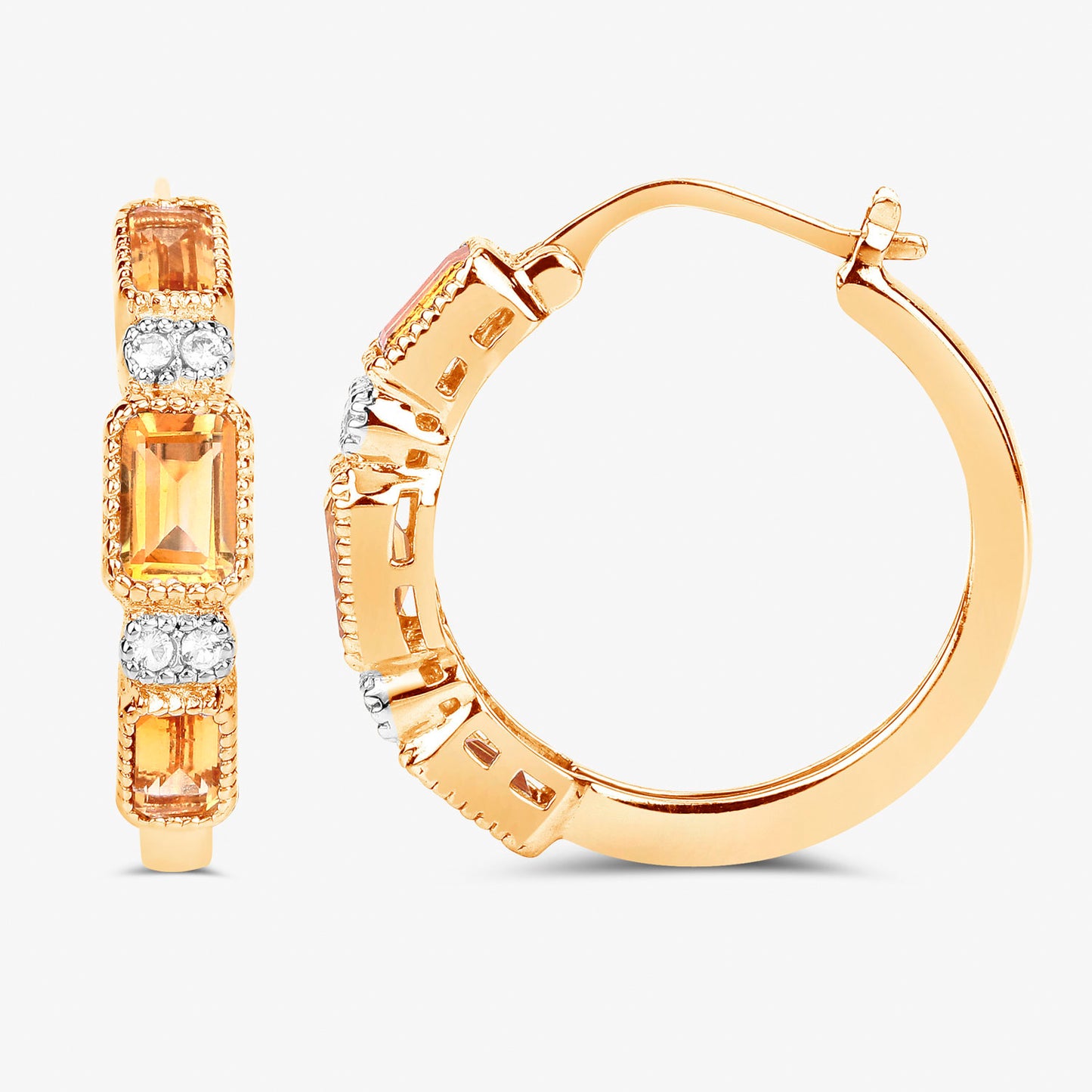 Citrine Hoop Earrings With White Topaz 2.84 Carats Gold Plated Silver