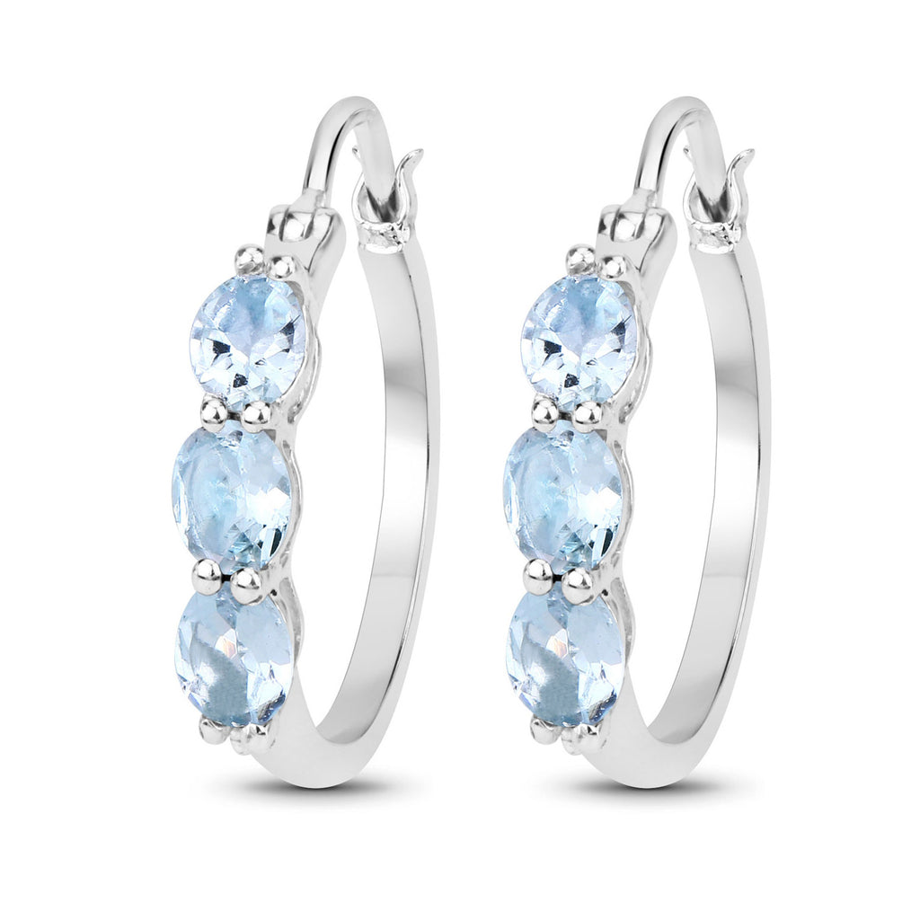 Aquamarine Hoop Earrings With Diamonds 1.73 Carats Sterling Silver