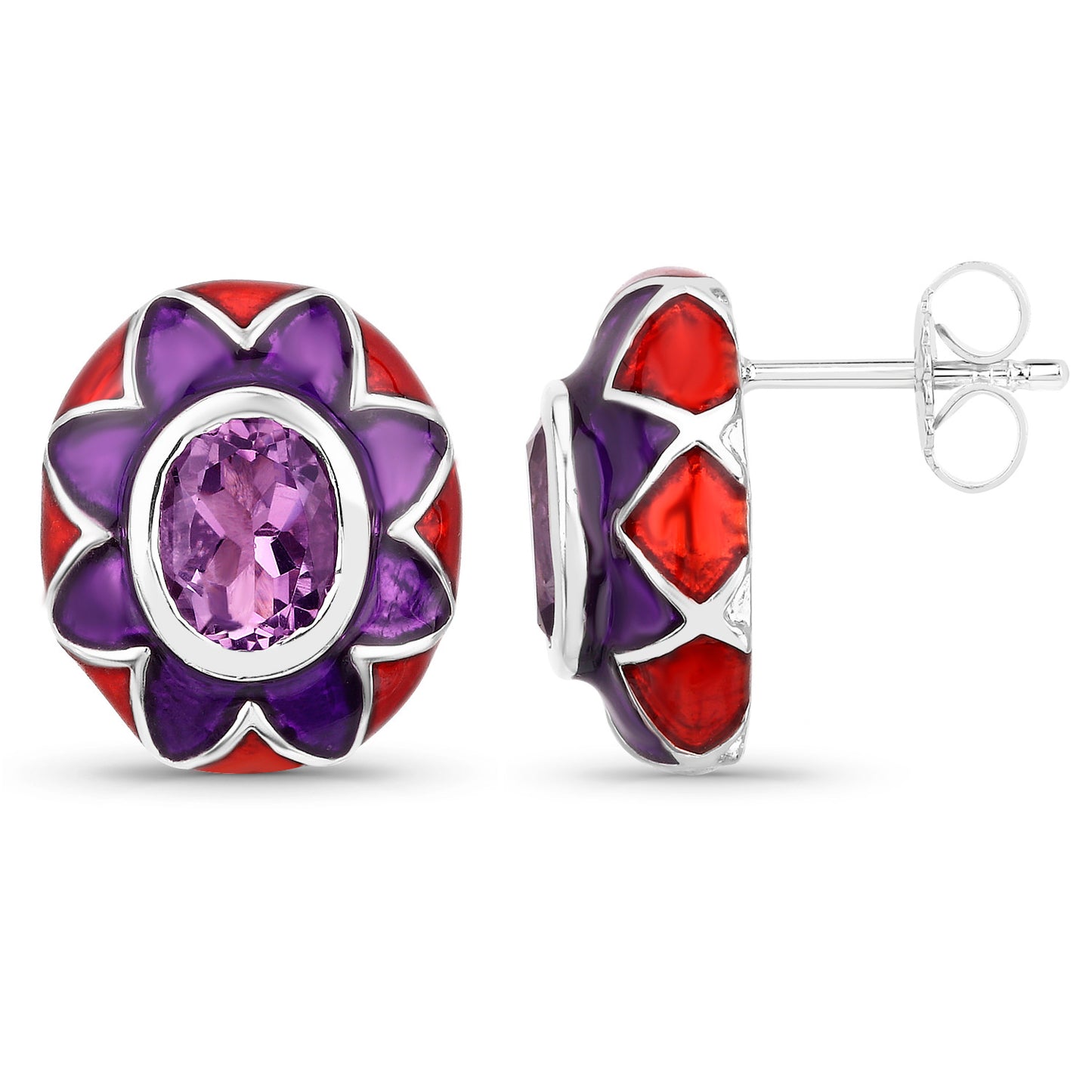 Natural Amethyst Floral Enamel Earrings 2.3 Carats