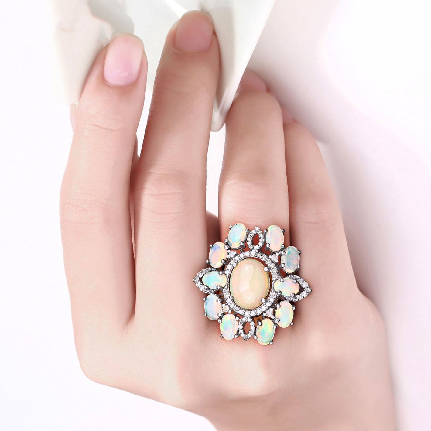 Opal Ring With Diamonds 6.56 Carats Sterling Silver