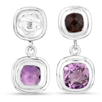 Amethyst Dangle Earrings With Smoky Quartz 6.56 Carats Sterling Silver