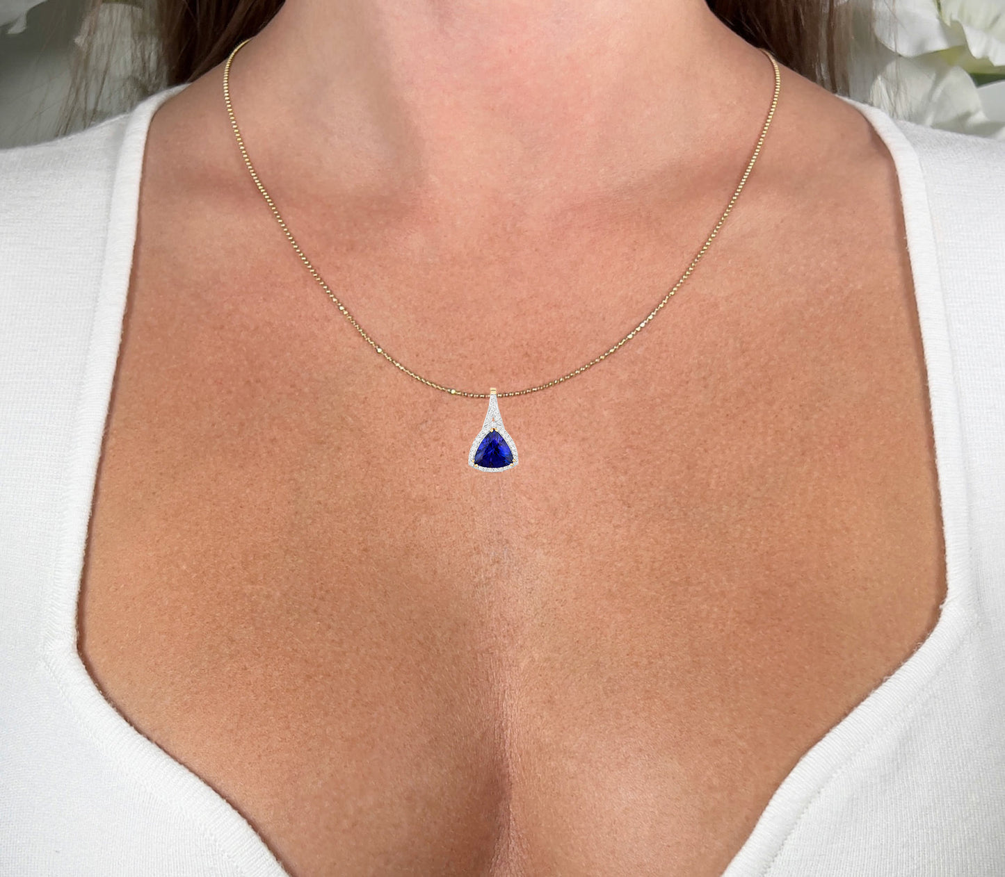 Tanzanite Necklace With Diamond Halo 2.64 Carats 14K Yellow Gold