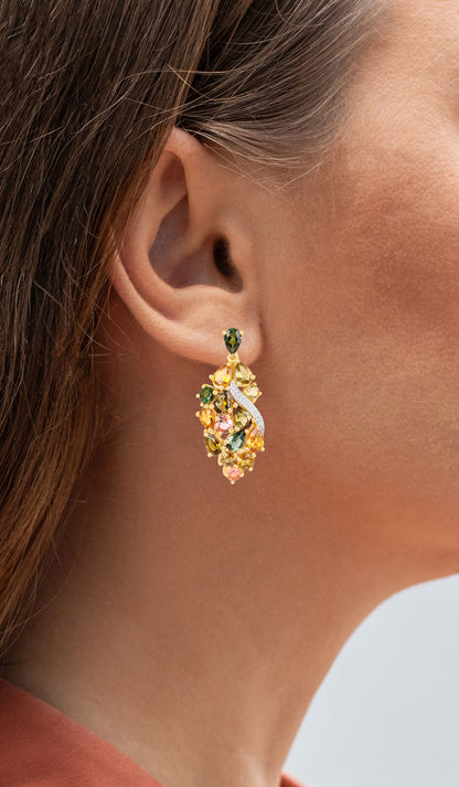 Multicolor Tourmaline Dangle Earrings Diamonds 18K Yellow Gold Plated Silver