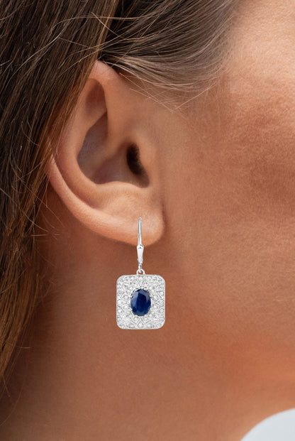 Natural Blue Sapphire Earrings With Diamonds 3.32 Carats Sterling Silver