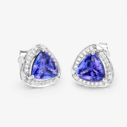 Natural Tanzanite Stud Earrings With Diamonds 3.66 Carats 14K White Gold