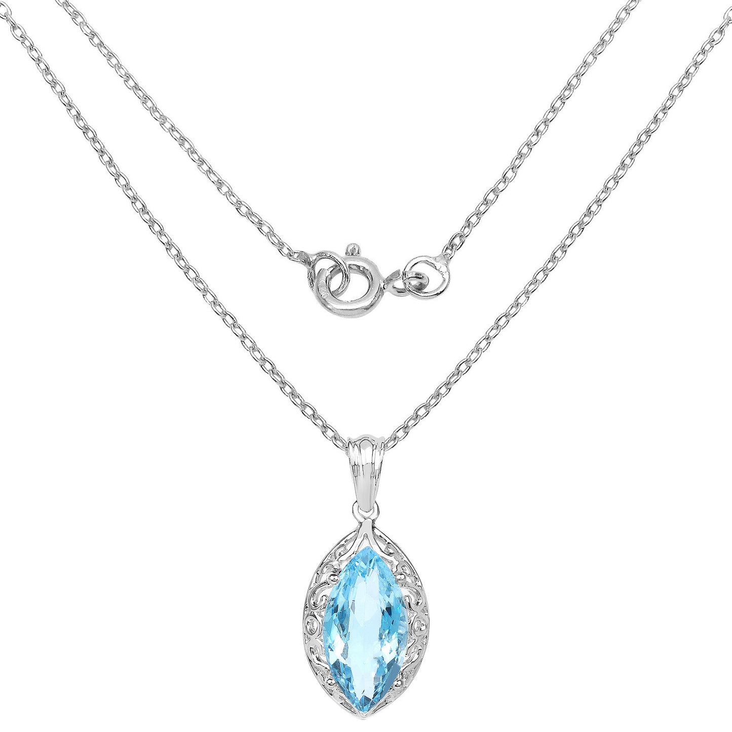 Swiss Blue Topaz Marquise Pendant Necklace 8.2 Carats Sterling Silver