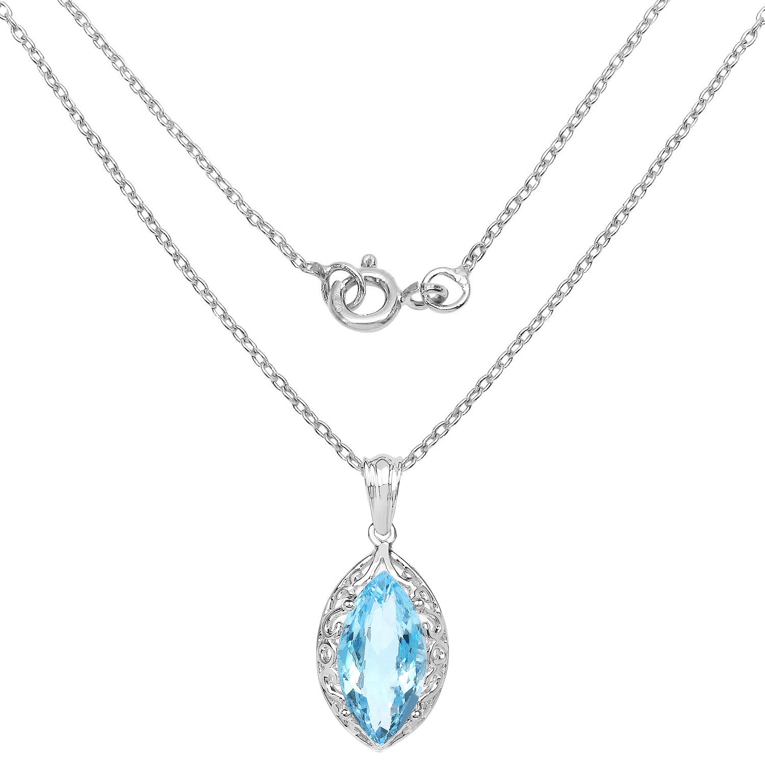 Swiss Blue Topaz Marquise Pendant Necklace 8.2 Carats Sterling Silver