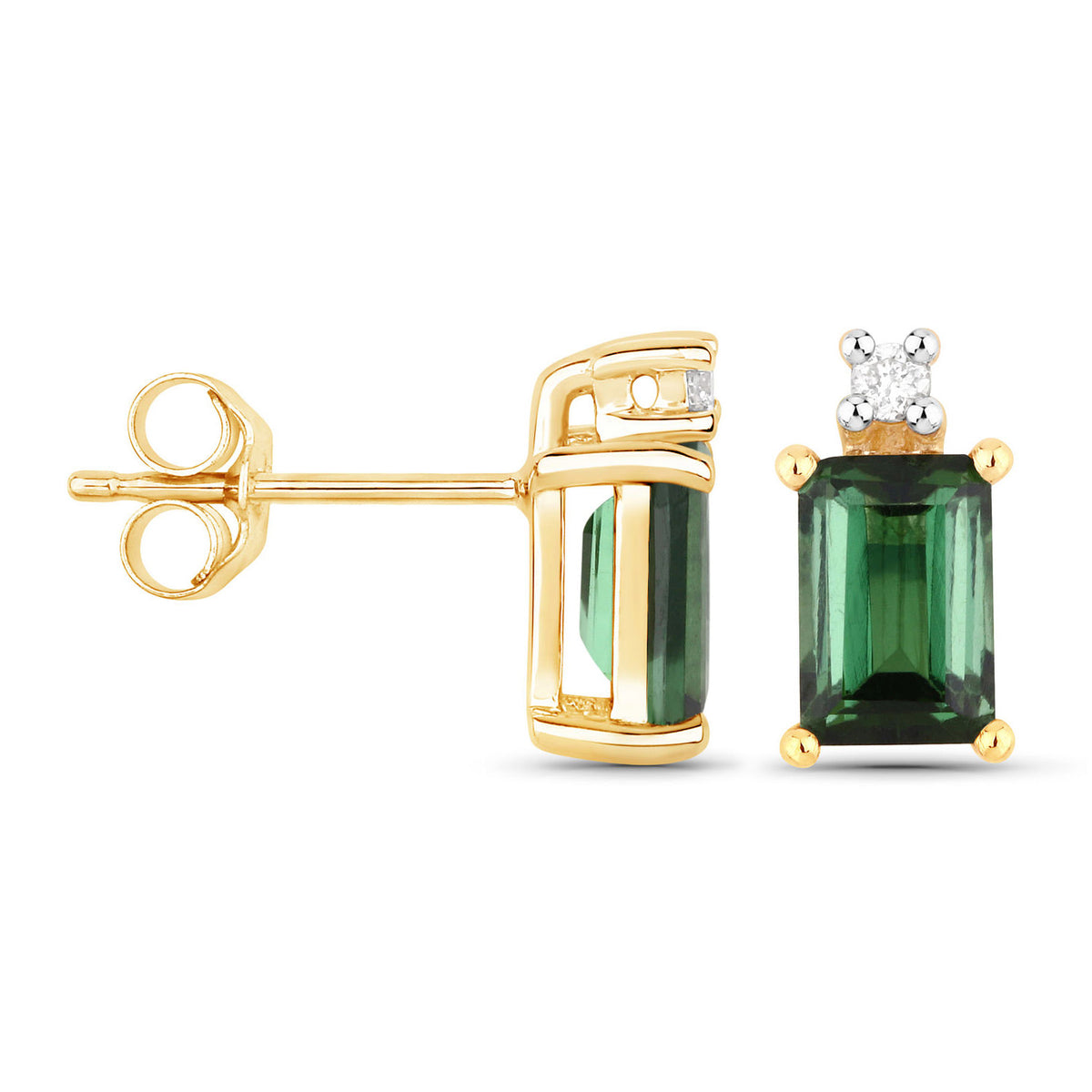 Green Tourmaline Stud Earrings With Diamonds 1.2 Carats 14K Yellow Gold