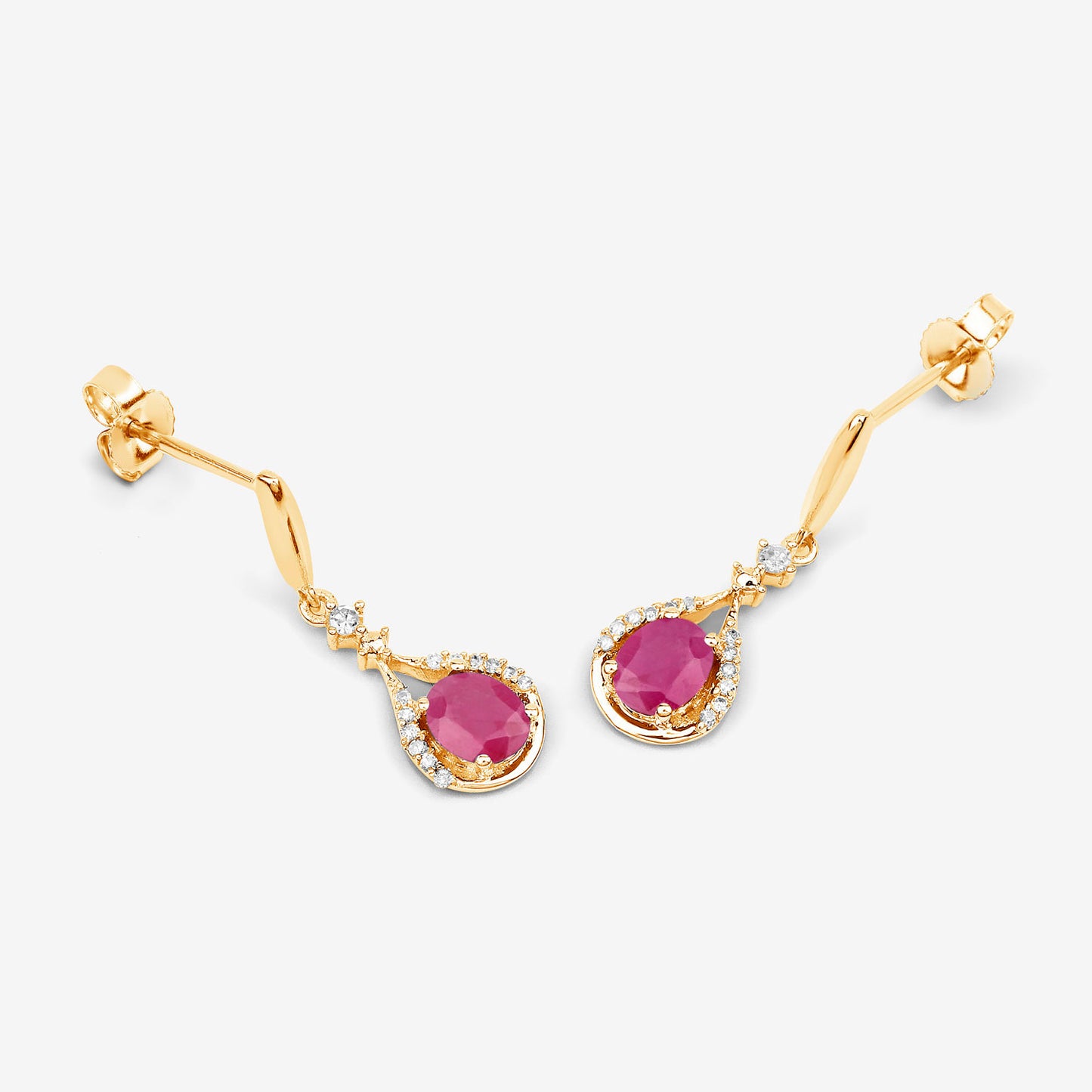 Ruby Dangle Earrings Diamonds 14K Yellow Gold