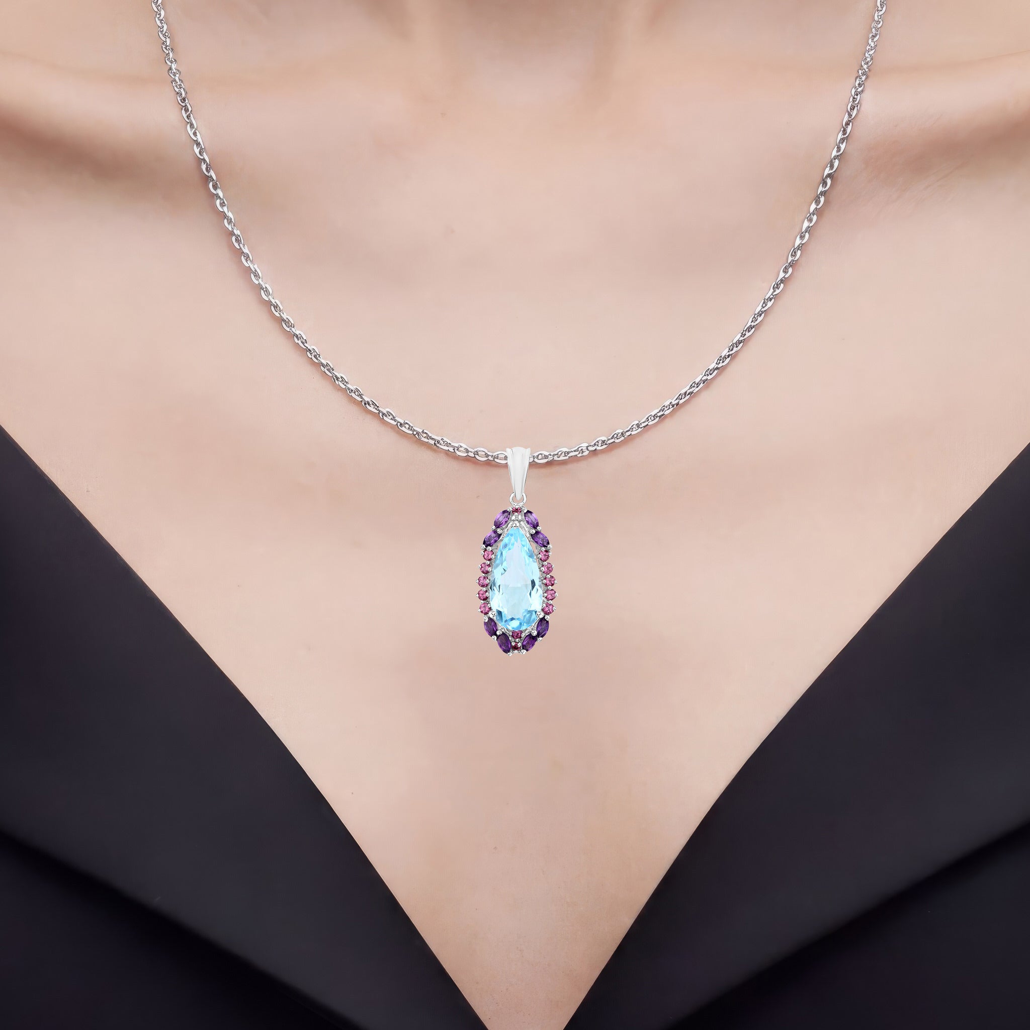 Blue Topaz Pendant With Rhodolite Garnet 7.7 Carats Sterling Silver
