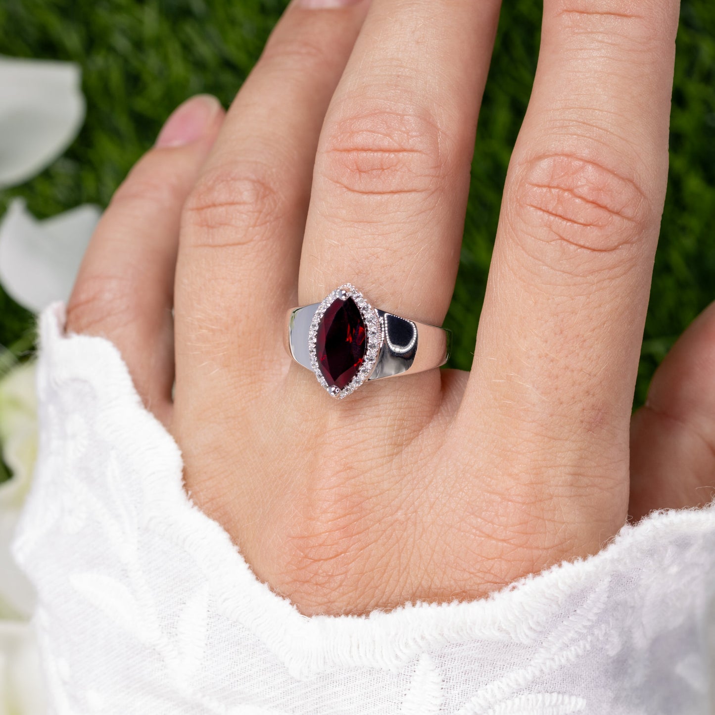 Marquise Cut Red Garnet Ring White Topaz Halo 2.07 Carats Total