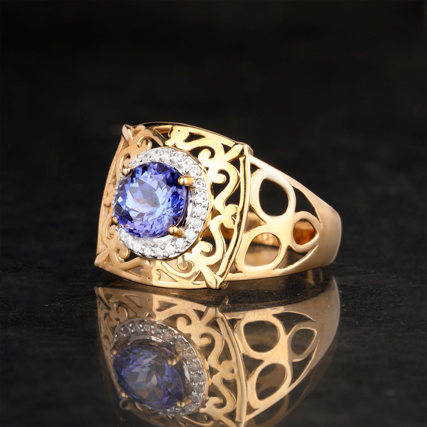 Natural Tanzanite Ring With White Zircon 1.54 Carats 9K Yellow Gold
