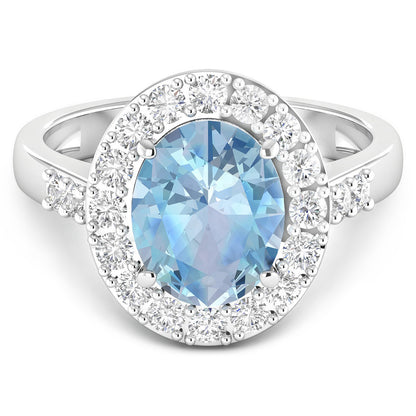 Aquamarine Cocktail Ring Diamond Halo 2.8 Carats Total 14K Gold