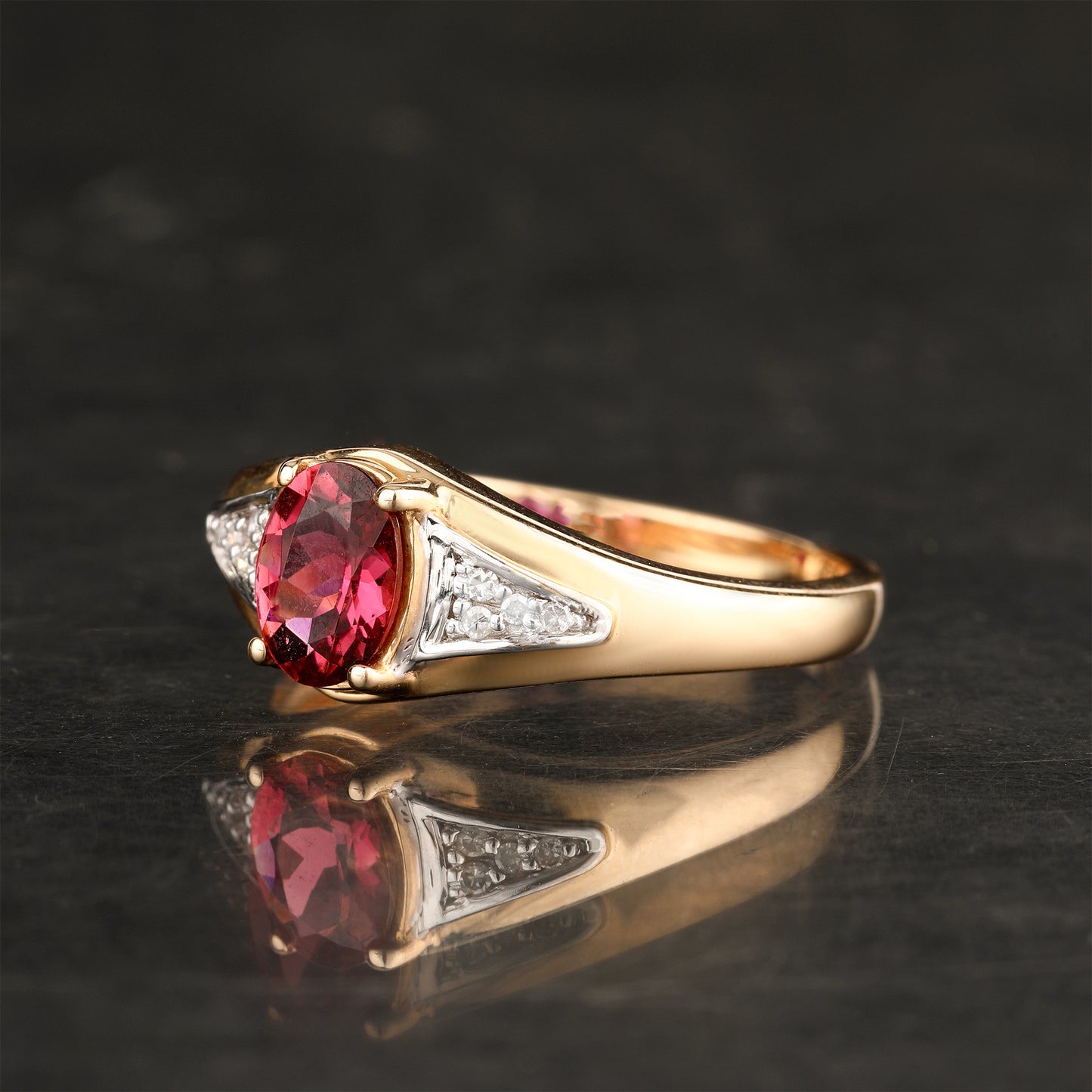Natural Pink Tourmaline Ring With Diamonds 0.82 Carats 9K Yellow Gold