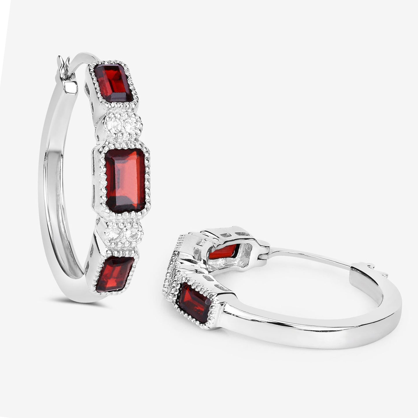 Garnet Hoop Earrings With White Topaz 2.74 Carats Sterling Silver