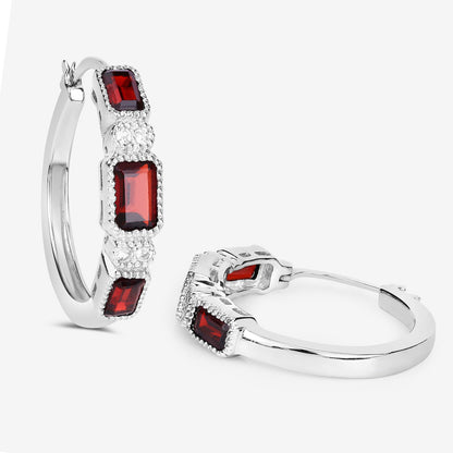 Garnet Hoop Earrings With White Topaz 2.74 Carats Sterling Silver