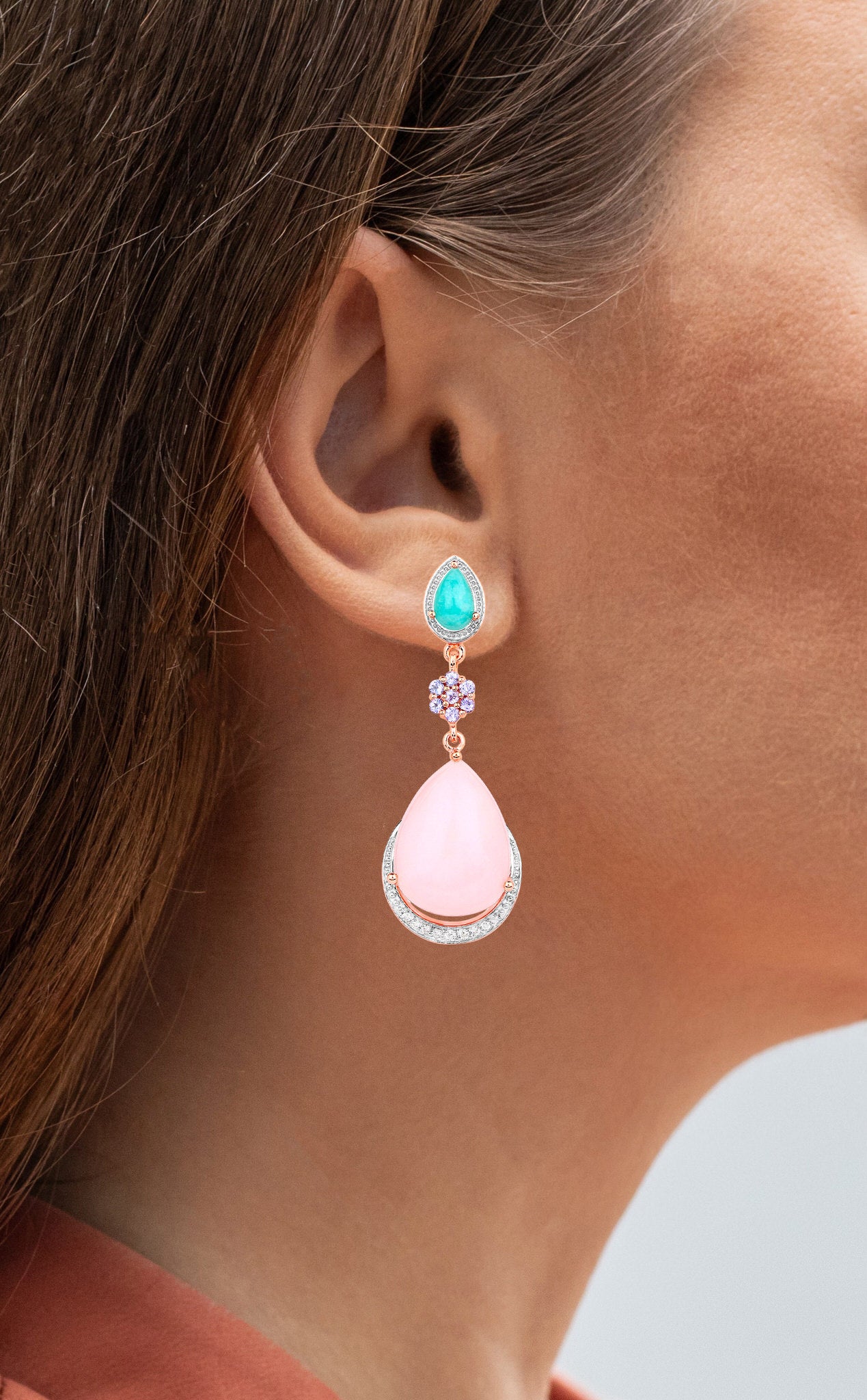 Pink Opal Dangle Earrings Amazonite Tanzanite 18K Rose Gold Plated Silver