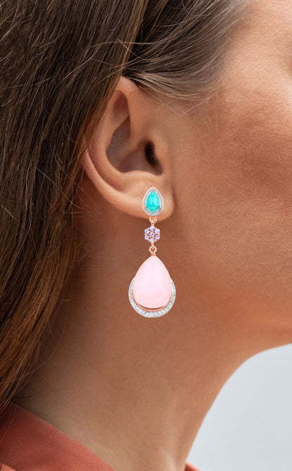 Pink Opal Dangle Earrings Amazonite Tanzanite 18K Rose Gold Plated Silver