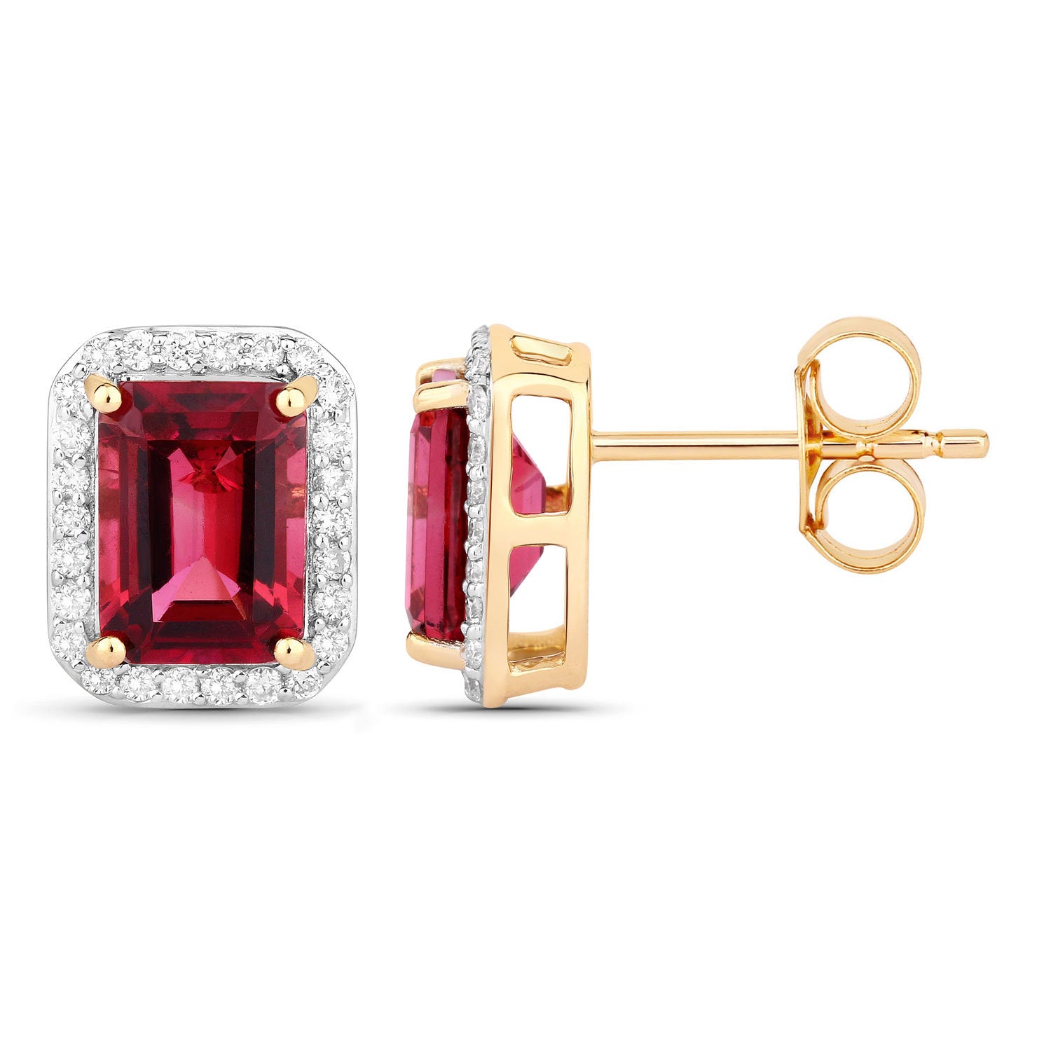 Rubellite Stud Earrings With Diamonds 3.04 Carats 14K Yellow Gold