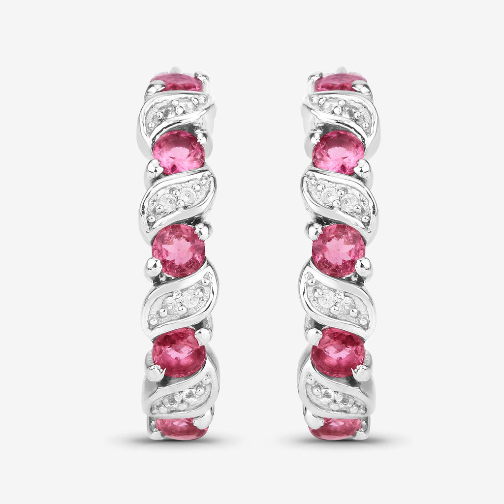 Pink Tourmaline Hoop Earrings With White Topaz 1.24 Carats Sterling Silver