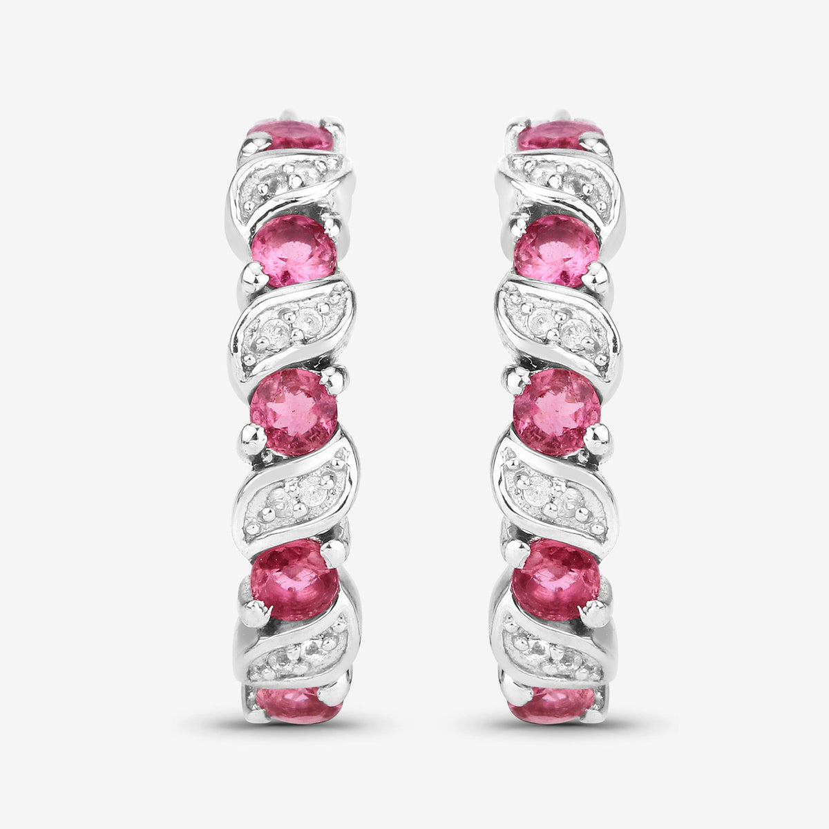 Pink Tourmaline Hoop Earrings With White Topaz 1.24 Carats Sterling Silver